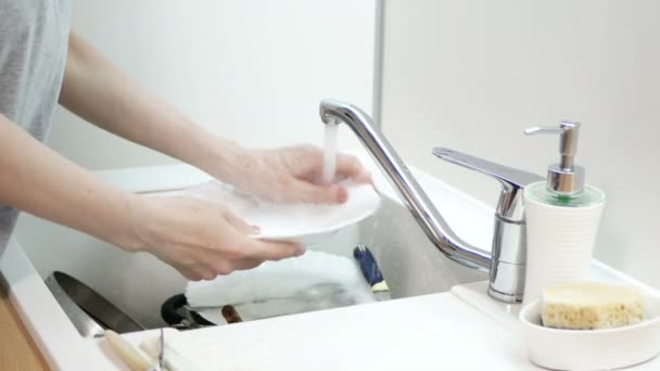 Женские Руки Промывают Белую Тарелку Кухне Посудомоечная Машина — стоковое видео