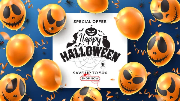 Happy Halloween Sale Banner Vector Illustration Realistic Orange Balloons Scary — Stock Vector