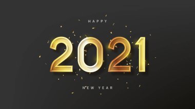 2021 Mutlu Yıllar Noel kartı. Altın bayram sembolü ve siyah arka planda konfetisi olan vektör illüstrasyonu.