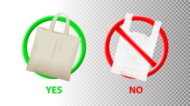 Plastik ve kumaş torbaları kavramı. Arkaplanda izole edilmiş gerçekçi plastik ve kumaş torbalarla ekolojik sembollerin dizaynı. Vektör çizimi. Kirlilik sorunu kavramı.