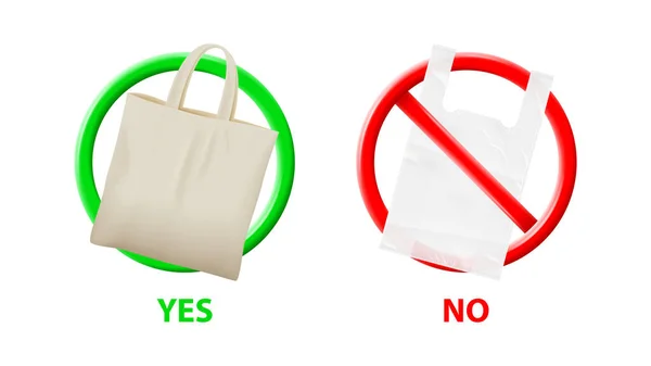 塑料和织物袋的概念 生态符号的设计与现实的塑料和织物袋隔离的白色背景 矢量图解 污染问题概念 — 图库矢量图片