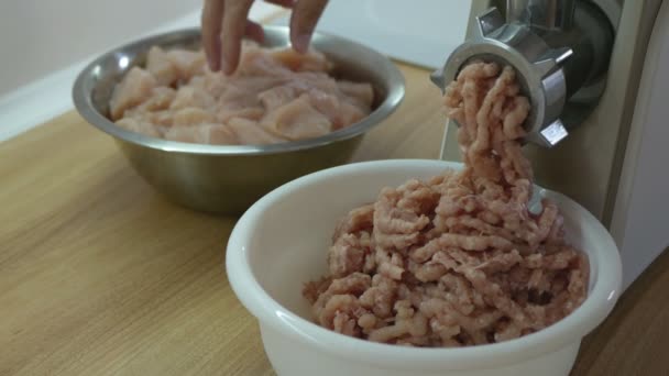 Malet Kommer Genom Köttkvarnssåll Människan Kastar Bitar Köttkvarn Och Förbereder — Stockvideo