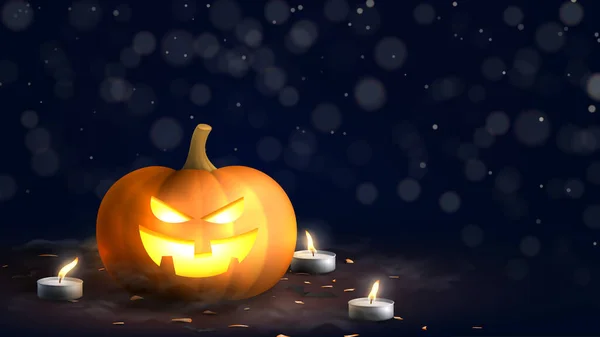 Feliz Fiesta Halloween Banner Festivo Con Espeluznantes Calabazas Encendiendo Velas — Vector de stock