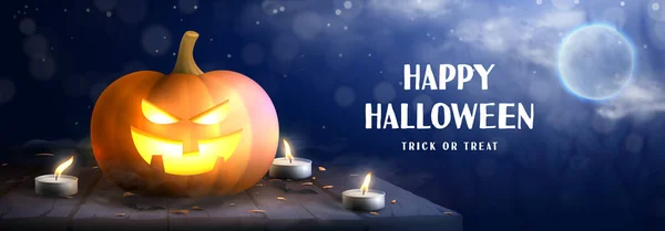 Feliz Banner Horizontal Halloween Banner Festivo Com Abóbora Assustadora Queimando — Vetor de Stock