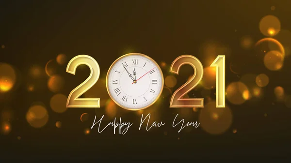 2021年新年快乐卡 矢量插图与黄金符号 现实的壁钟和在黑暗的背景上的效果标志 假日贺卡 — 图库矢量图片