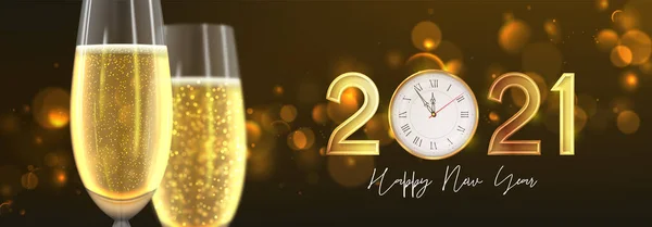 2021 Bonne Année Bannière Horizontale Illustration Vectorielle Avec Verres Champagne — Image vectorielle