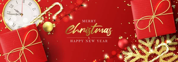 Buon Natale Felice Anno Nuovo Banner Sfondo Vacanza Con Scatole — Vettoriale Stock