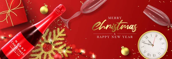 圣诞快乐 新年快乐 假日背景与现实的红色礼品盒 轻便的花环 香槟酒瓶圣诞球 五彩纸屑和雪花 矢量说明 — 图库矢量图片