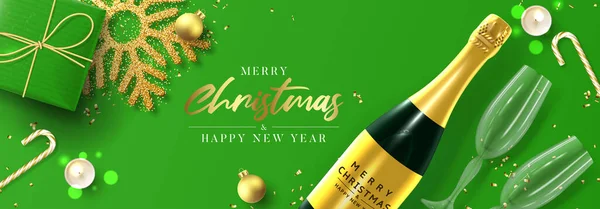 圣诞快乐 新年快乐 假日背景与现实的绿色礼品盒 轻便的花环 香槟酒瓶圣诞球 五彩纸屑和雪花 矢量说明 — 图库矢量图片