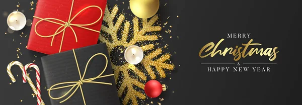 Buon Natale Felice Anno Nuovo Banner Sfondo Vacanza Con Scatole — Vettoriale Stock