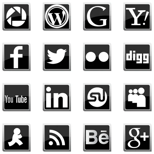 Media Icone Set Social Icona Nero Elementi Facebook Comunicazione Instagram — Vettoriale Stock