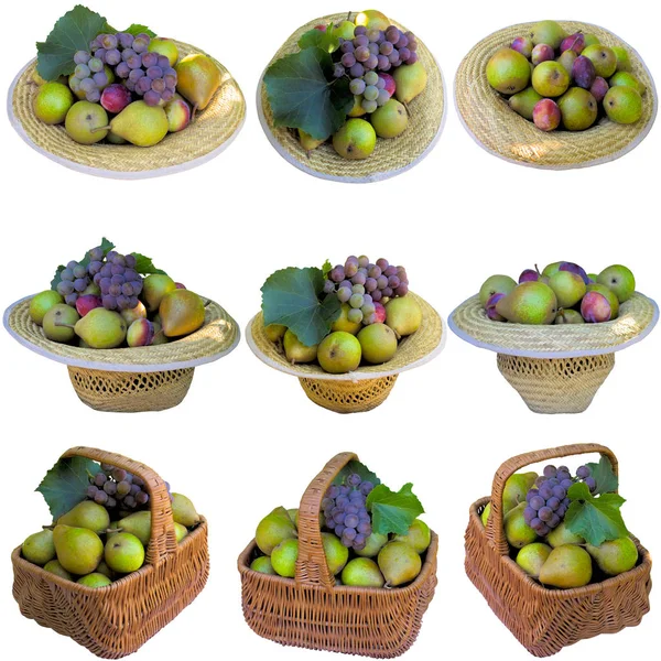 Frukt Grönt Korg Päron Druvor Klar Vit Bakgrund Leaf Mat — Stockfoto