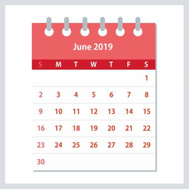 Haziran 2019 takvim yaprağı. Aylık takvim tasarım şablonu. Hafta Pazar günü başlar. İş vektör çizim.