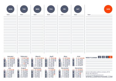 Takvim 2019 hafta planlayıcısı vektör tasarım şablonu. Hafta başlar Monday.For ofis veya özel kullanım.