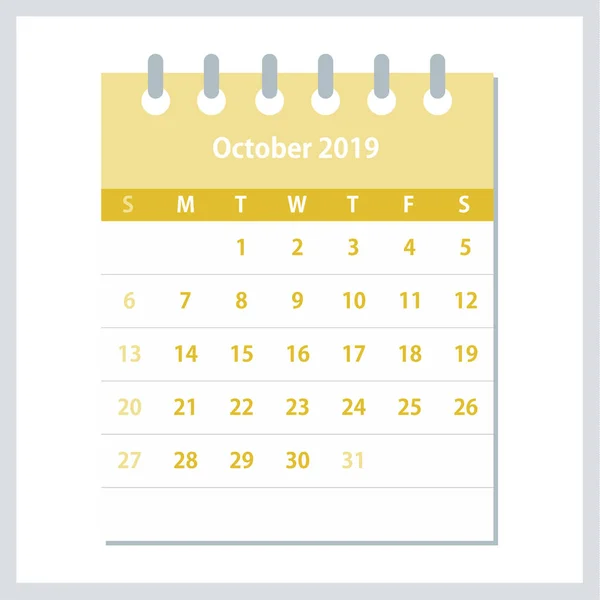 Lembaran Kalender Oktober 2019 Templat Desain Kalender Bulanan Minggu Dimulai - Stok Vektor