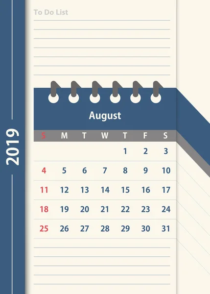 Calendário Agosto 2019 Modelo Design Calendário Mensal Cor Vintage Para —  Vetores de Stock