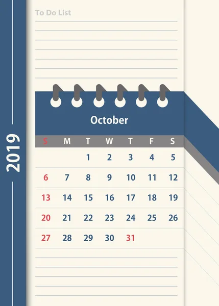 Calendario Ottobre 2019 Modello Mensile Design Del Calendario Colore Vintage — Vettoriale Stock