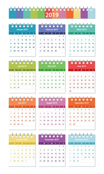 2019 Año Calendario Hojas Set Plano Conjunto Colorido Plantilla Diseño — Archivo Imágenes Vectoriales