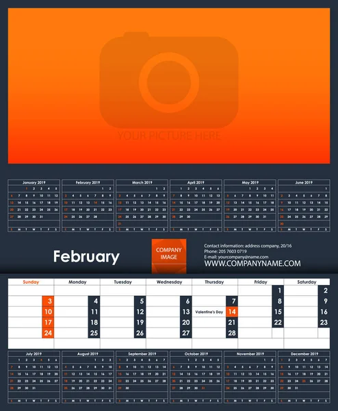 Plantilla Calendario 2019 Febrero Lugar Para Foto Plantilla Planificador Negocios — Vector de stock