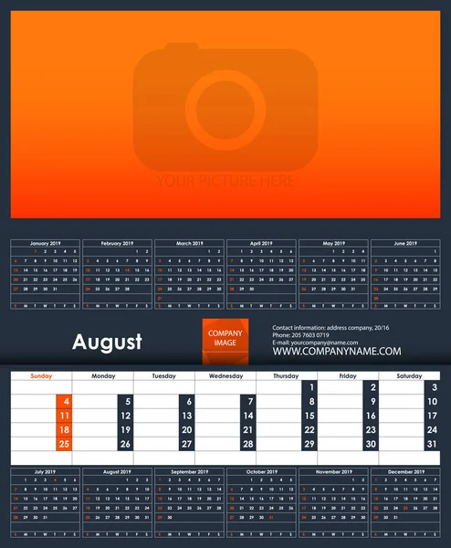 Plantilla Calendario 2019 Agosto Lugar Para Foto Plantilla Planificador Negocios — Vector de stock