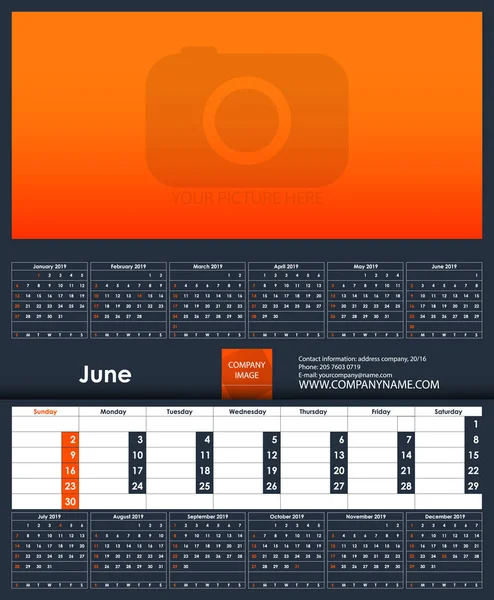 Modello Calendario 2019 Giugno Posto Tua Foto Modello Business Planner — Vettoriale Stock