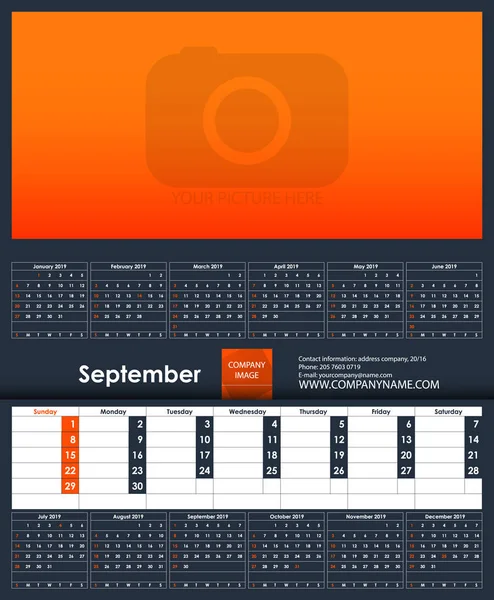 Plantilla Calendario 2019 Septiembre Lugar Para Foto Plantilla Planificador Negocios — Archivo Imágenes Vectoriales