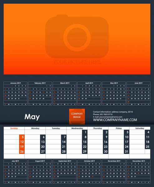 Plantilla Calendario 2019 Mayo Lugar Para Foto Plantilla Planificador Negocios — Archivo Imágenes Vectoriales