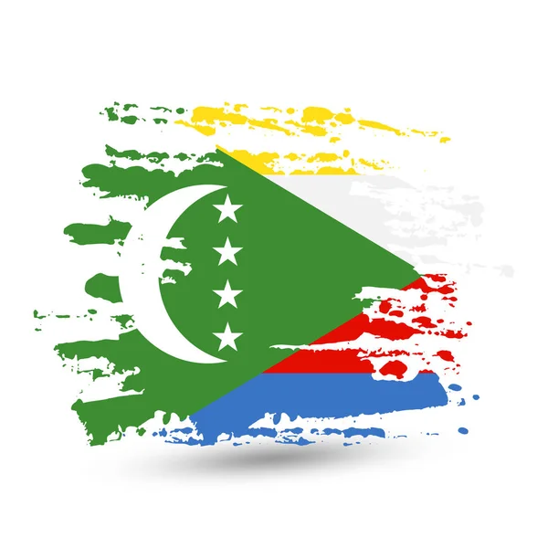 Grunge Fırça Darbesi Ile Komor Adaları Ulusal Bayrak Stil Suluboya — Stok Vektör