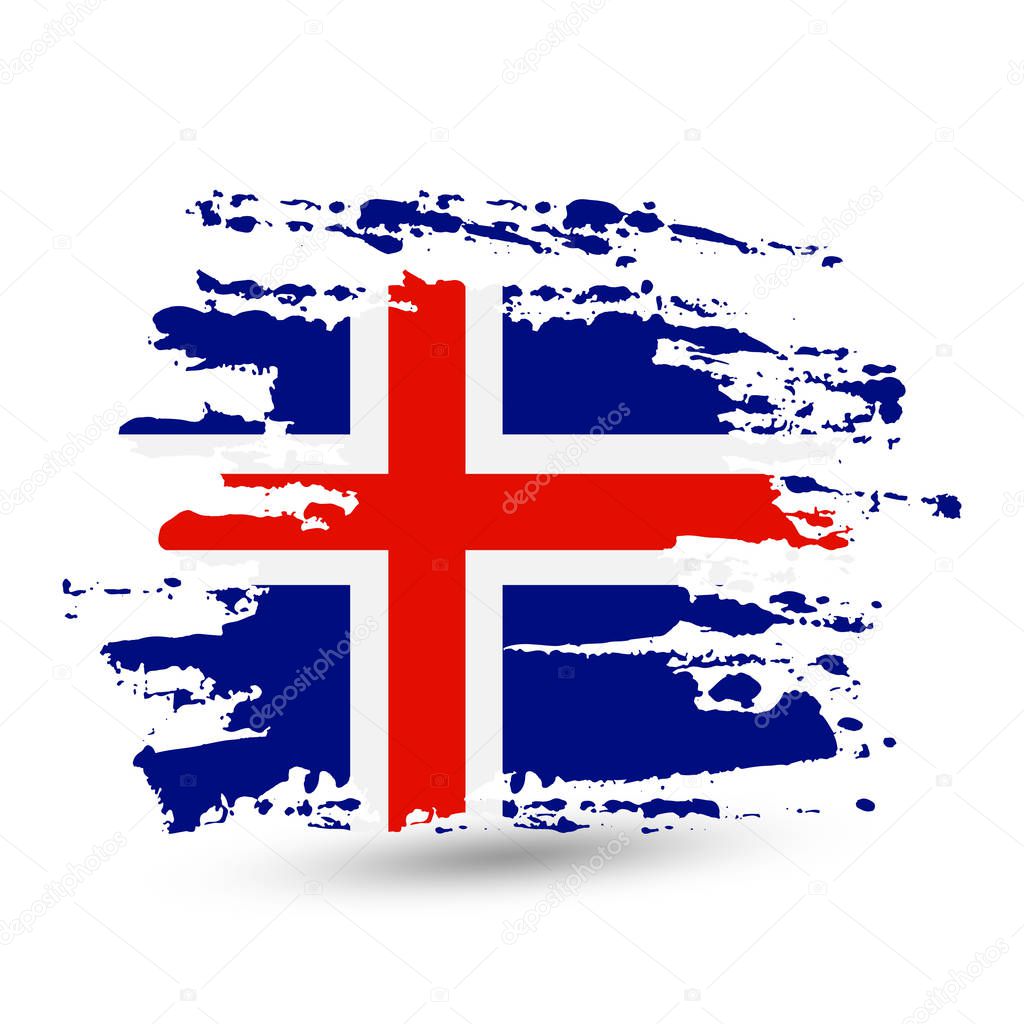 Grunge brush stroke with Iceland national flag. Style watercolor drawing. Vector isolated on white background.