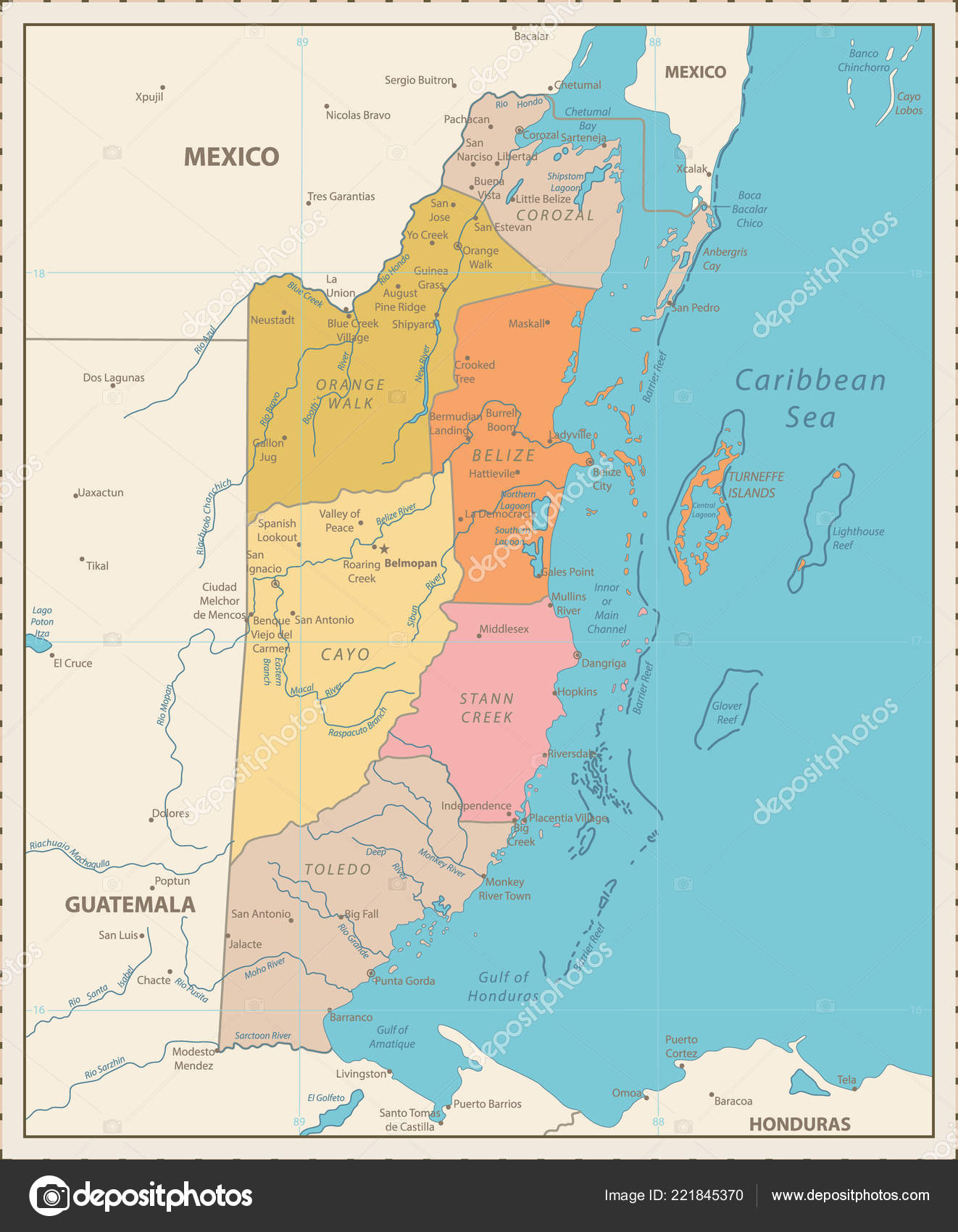 Belize Political Map Belize Political Map, Belize Political Map Vintage Color Detailed Political Map Belize Capital Stock Illustration, Belize Political Map