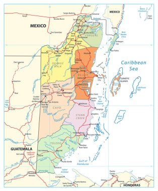 Belize siyasi harita izole beyaz. Belize detaylı siyasi haritası sermaye Belmopan, ulusal sınırların, yollar, en önemli şehirler, nehirler ve göller üzerinde beyaz izole. 