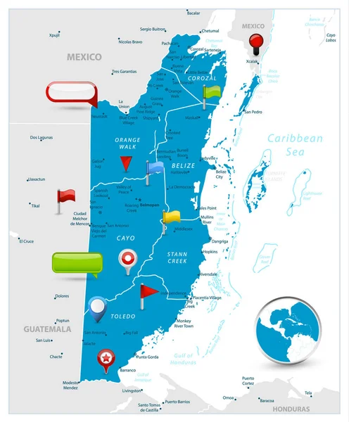 Belize Mapa Ícones Brilhantes Mapa Mapa Cor Azul Belize Isolado —  Vetores de Stock