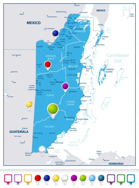 白と地図アイコン上に分離されて地図をブルー ベリーズ 首都ベルモパン ベリーズ 最も重要な都市およびアイコンの地図 英語ラベルとスケールのベクトル図 — ストックベクタ