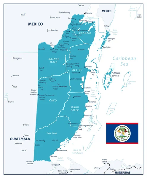 Mappa Del Belize Colore Blu Acqua Mappa Dettagliata Del Belize — Vettoriale Stock