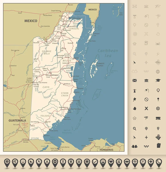 Mapa Ruta Belice Iconos Mapa Político Detallado Belice Con Capital — Vector de stock