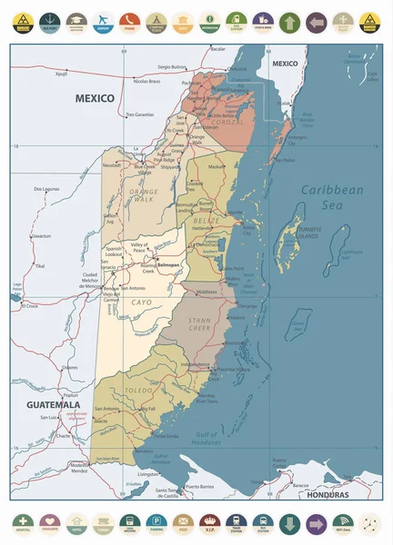 Mapa Belice Vintage Color Iconos Planos Redondos Mapa Político Detallado — Archivo Imágenes Vectoriales