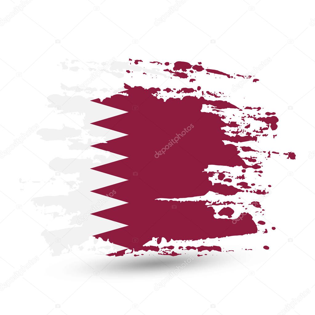 Grunge brush stroke with Qatar national flag. Style watercolor drawing. Vector isolated on white background.