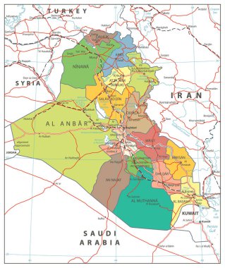 Irak siyasi harita izole beyaz Başkent Bağdat, ulusal sınırların, önemli şehirler, nehirler ve göller.