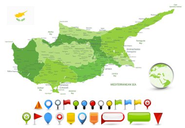 Kıbrıs harita nokta yeşil renkleri ve parlak harita simgeleri. Ayrıntı yönetim vektör harita Kıbrıs nokta yeşil renkleri.