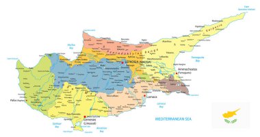 Kıbrıs siyasi harita üzerinde beyaz izole. Ayrıntı yönetim vektör Kıbrıs haritası.
