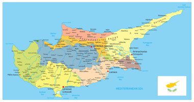 Kıbrıs siyasi harita. Ayrıntı yönetim vektör Kıbrıs haritası.