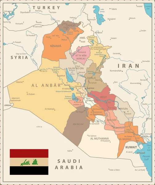 Mappa Amministrativa Dell Iraq Colore Vintage Con Capitale Baghdad Confini — Vettoriale Stock