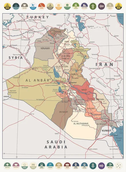 伊拉克地图复古颜色地图和圆的平的图标与资本巴格达 国家边界 重要城市 河和湖 高速公路 — 图库矢量图片