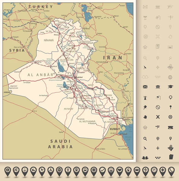 Iraq Mappa Mappa Icone Con Capitale Baghdad Confini Nazionali Importanti — Vettoriale Stock