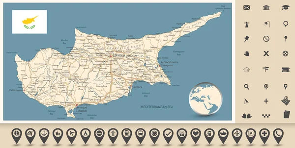 Κύπρος Οδικός Χάρτης Και Εικονίδια Του Χάρτη Λεπτομέρεια Διανυσματικό Χάρτη — Διανυσματικό Αρχείο