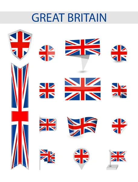 Kolekcji Banderą Wielkiej Brytanii Ilustracja Wektorowa Płaskie Flagi — Wektor stockowy