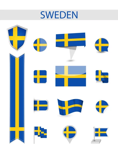Sverige Flagga Samling Flat Flaggor Vektor Illustration — Stock vektor