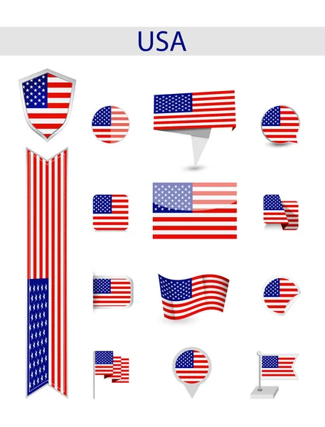 Usa Flag Collection Banderas Planas Vector Ilustración — Vector de stock