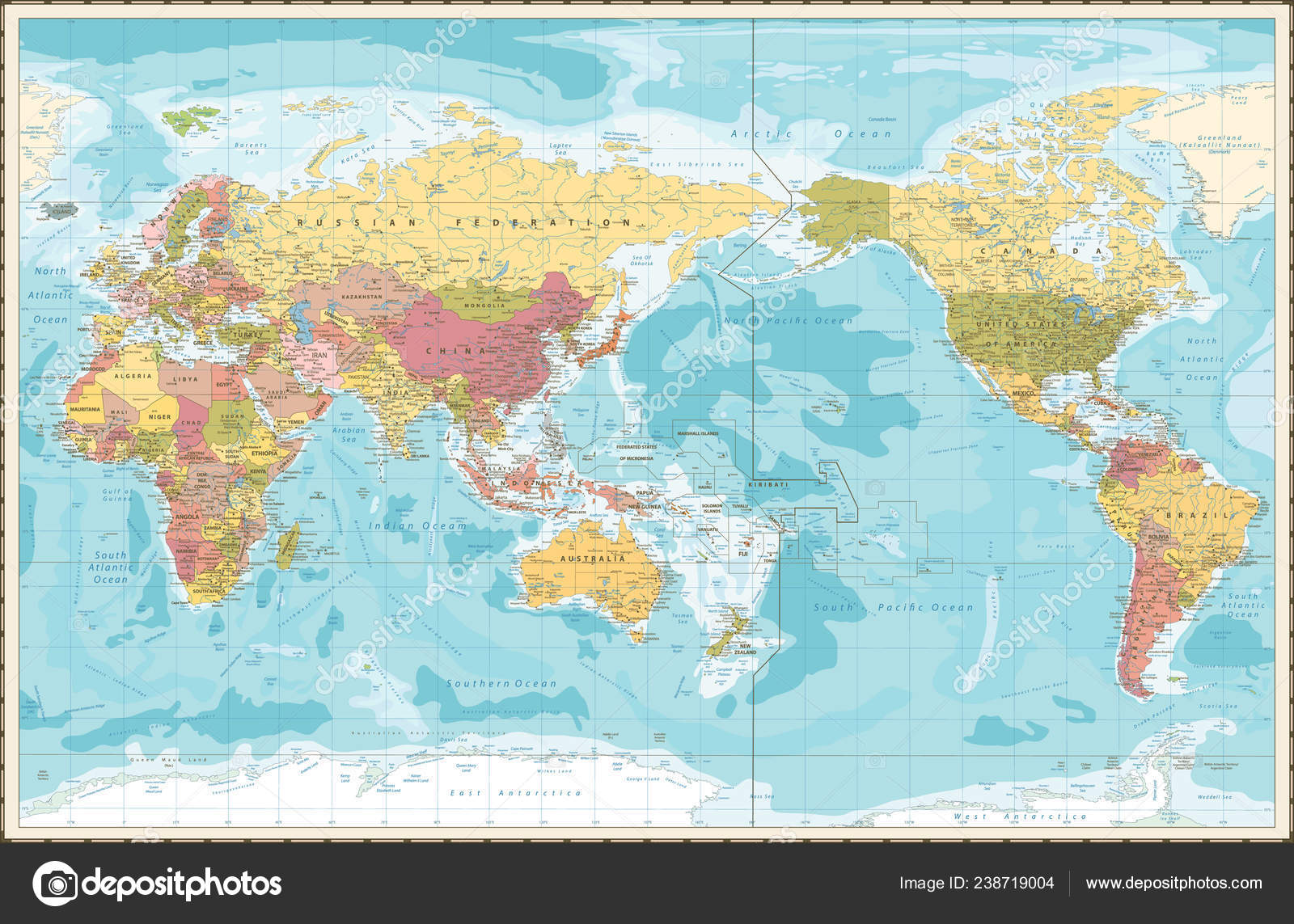 Carte du monde à épingles - Marron (Détaillé) 