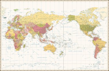 World Map Retro Color Pacific Centred. Detailed Vector Illustration of Pacific Centered Political World Map Retro Color.